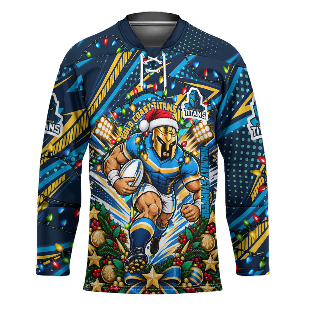 Personalized Gold Coast Titans Rugby Christmas Hockey Jersey Holiday Mascot Graphic Art Festive Lights Bow