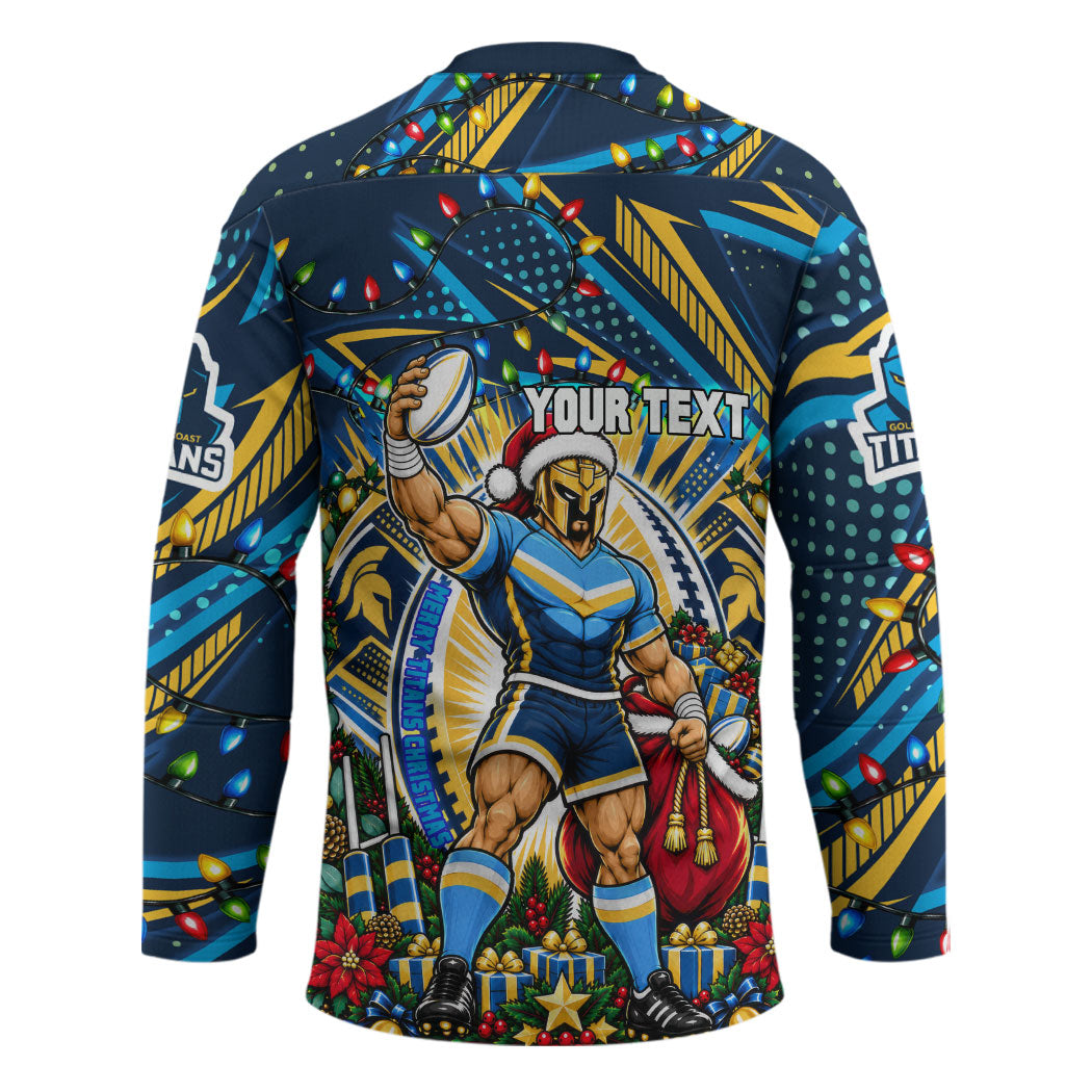 Personalized Gold Coast Titans Rugby Christmas Hockey Jersey Holiday Mascot Graphic Art Festive Lights Bow