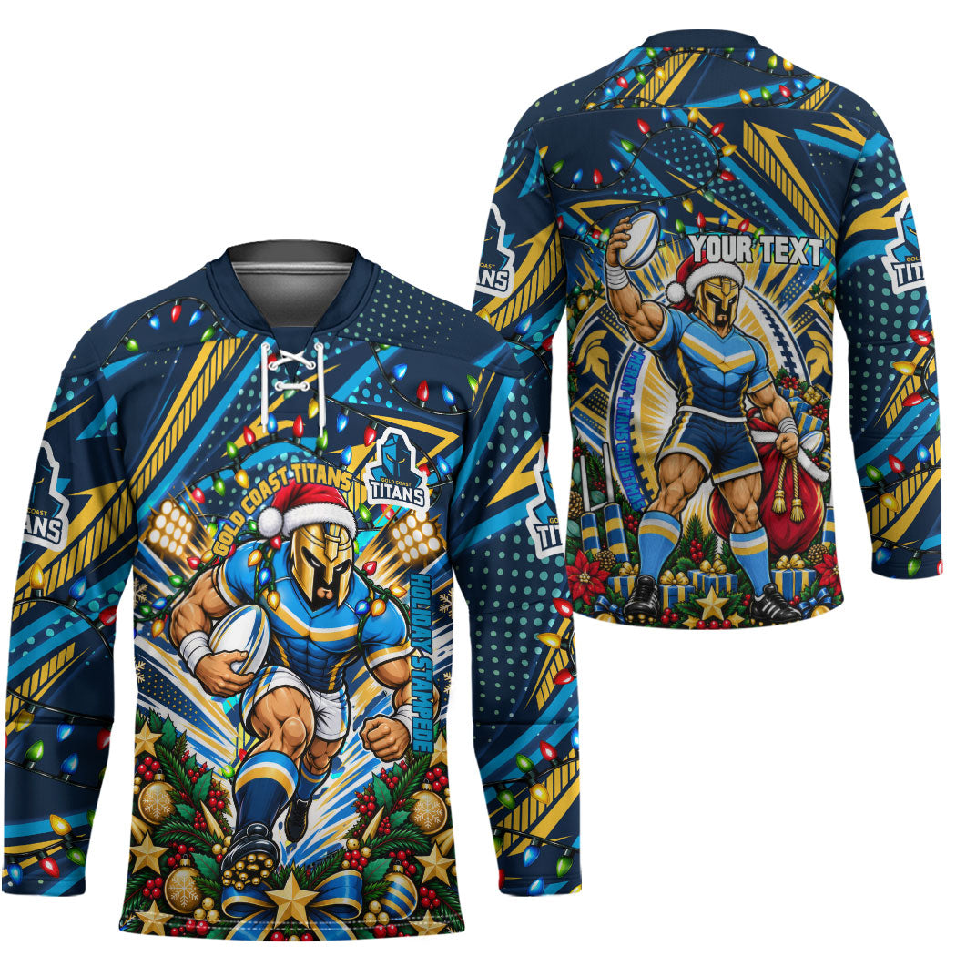 Personalized Gold Coast Titans Rugby Christmas Hockey Jersey Holiday Mascot Graphic Art Festive Lights Bow