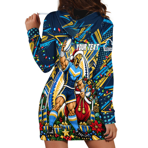 Personalized Gold Coast Titans Rugby Christmas Hoodie Dress Holiday Mascot Graphic Art Festive Lights Bow