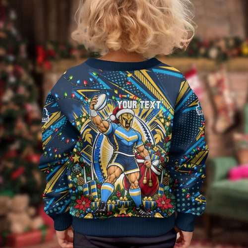 Personalized Gold Coast Titans Rugby Christmas Kid Ugly Christmas Sweater Holiday Mascot Graphic Art Festive Lights Bow
