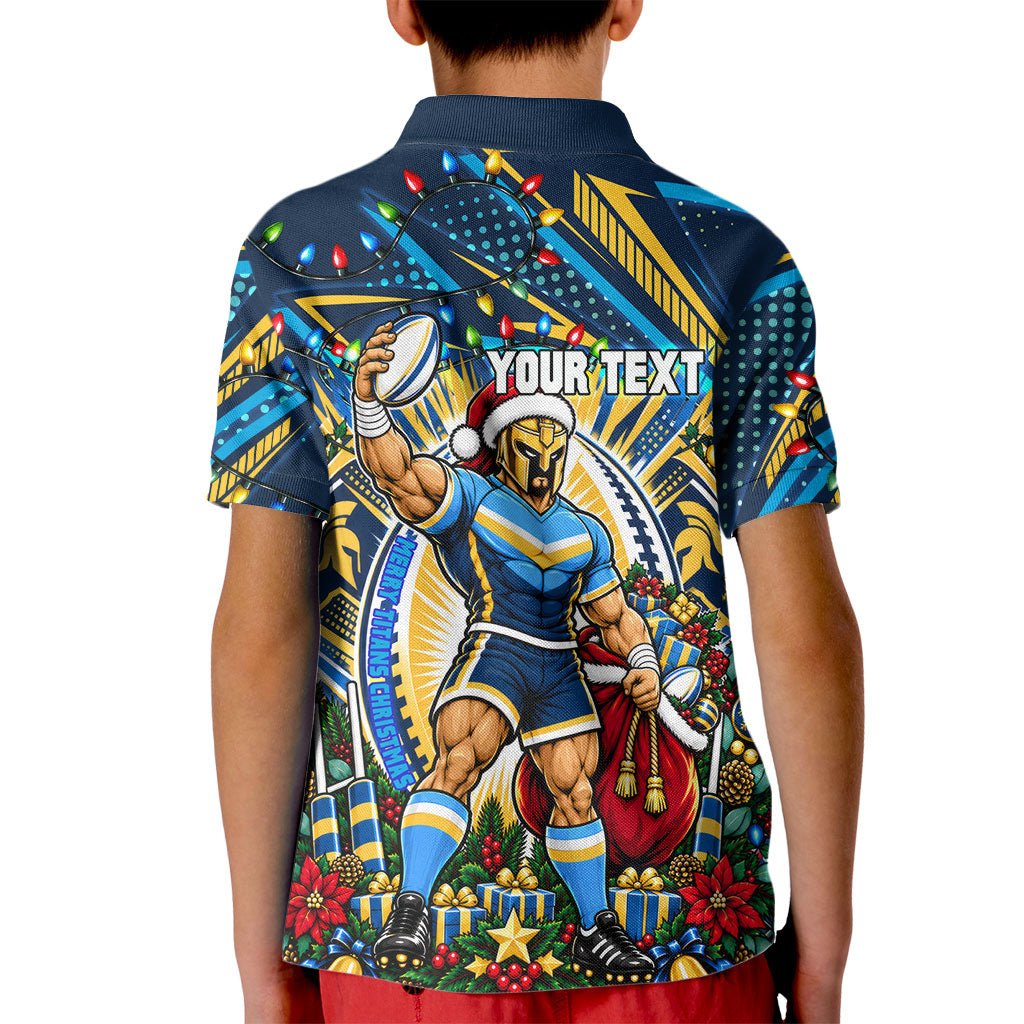 Personalized Gold Coast Titans Rugby Christmas Kid Polo Shirt Holiday Mascot Graphic Art Festive Lights Bow