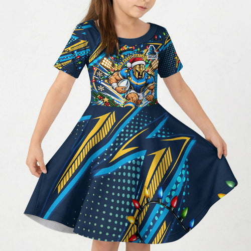 Personalized Gold Coast Titans Rugby Christmas Kid Short Sleeve Dress Holiday Mascot Graphic Art Festive Lights Bow