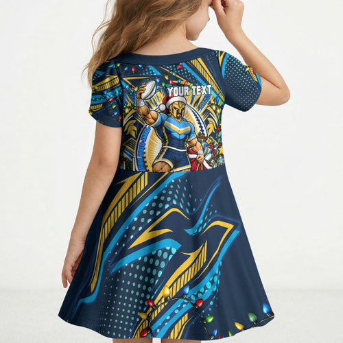 Personalized Gold Coast Titans Rugby Christmas Kid Short Sleeve Dress Holiday Mascot Graphic Art Festive Lights Bow
