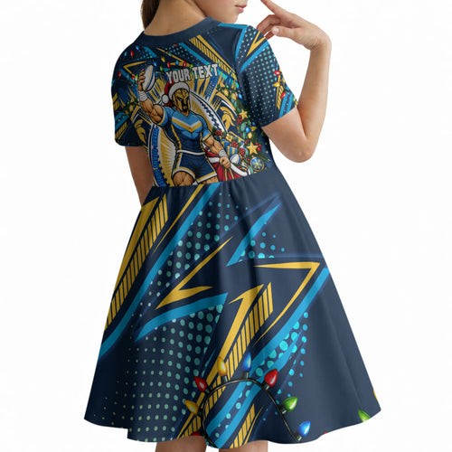 Personalized Gold Coast Titans Rugby Christmas Kid Short Sleeve Dress Holiday Mascot Graphic Art Festive Lights Bow