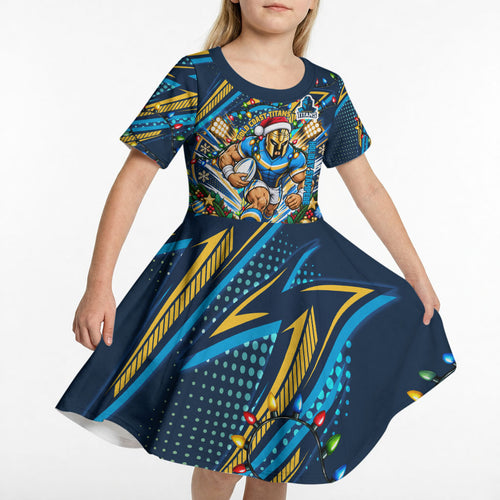 Personalized Gold Coast Titans Rugby Christmas Kid Short Sleeve Dress Holiday Mascot Graphic Art Festive Lights Bow