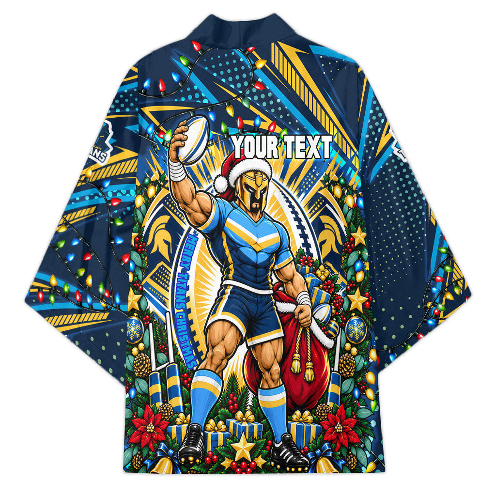 Personalized Gold Coast Titans Rugby Christmas Kimono Holiday Mascot Graphic Art Festive Lights Bow