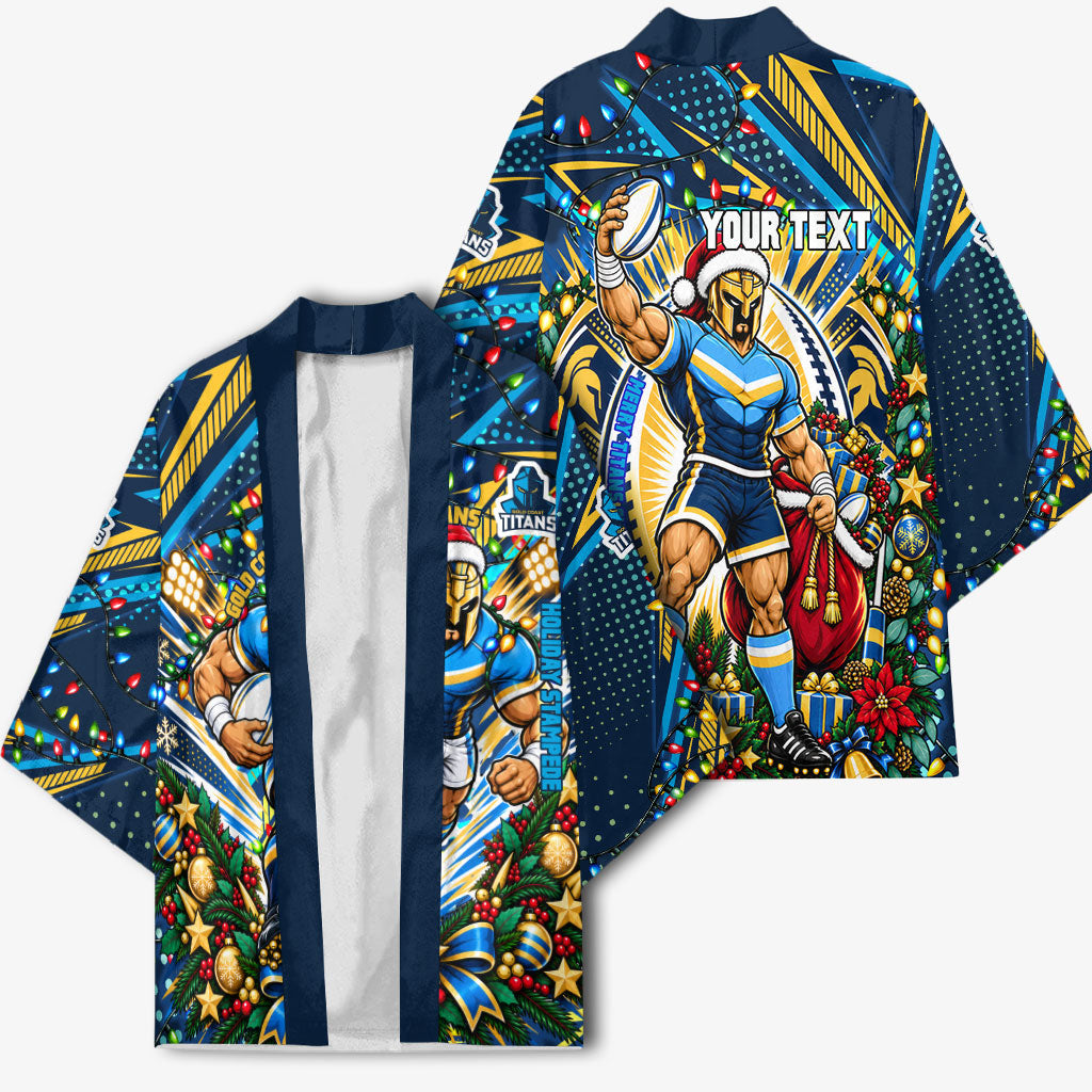Personalized Gold Coast Titans Rugby Christmas Kimono Holiday Mascot Graphic Art Festive Lights Bow