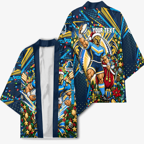 Personalized Gold Coast Titans Rugby Christmas Kimono Holiday Mascot Graphic Art Festive Lights Bow