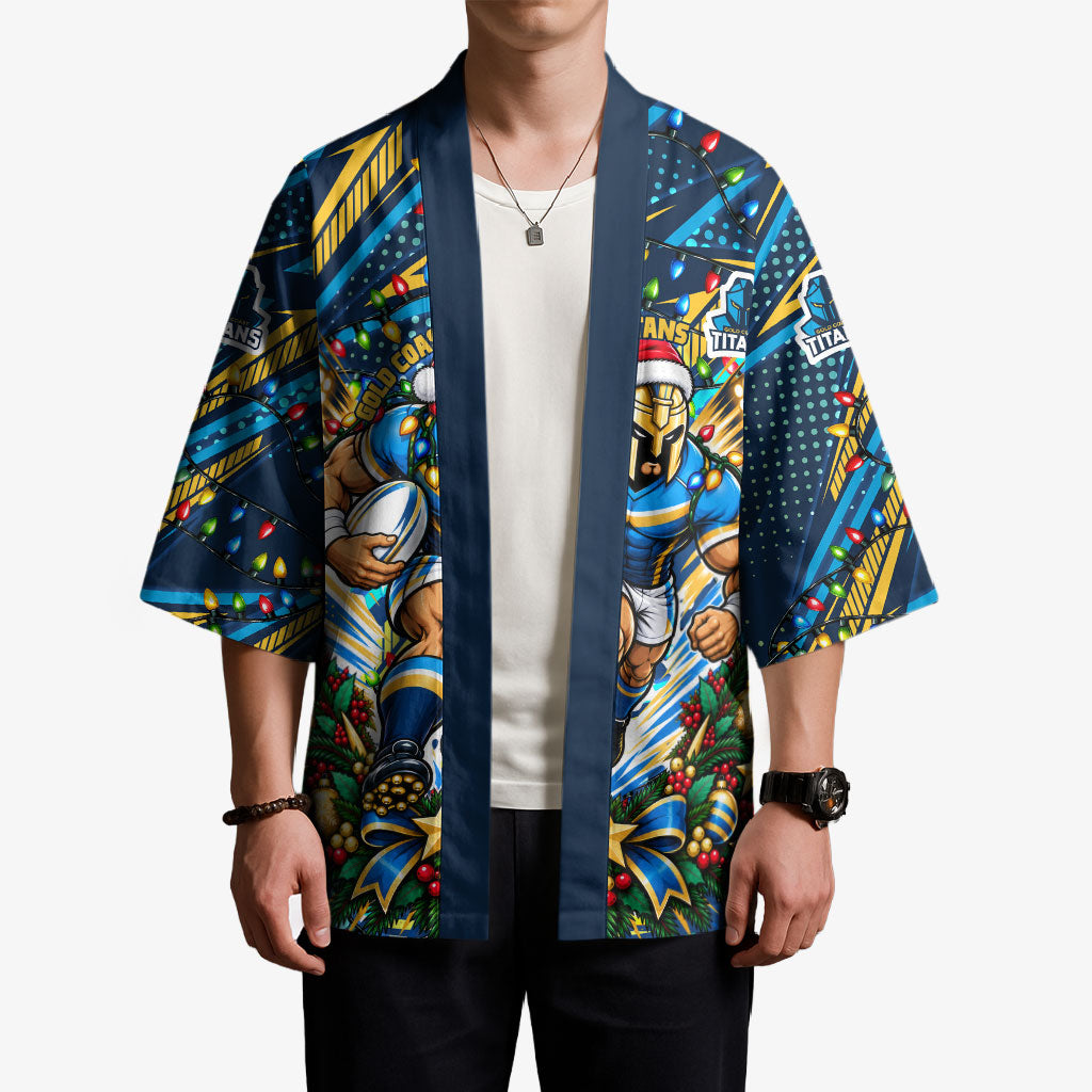 Personalized Gold Coast Titans Rugby Christmas Kimono Holiday Mascot Graphic Art Festive Lights Bow