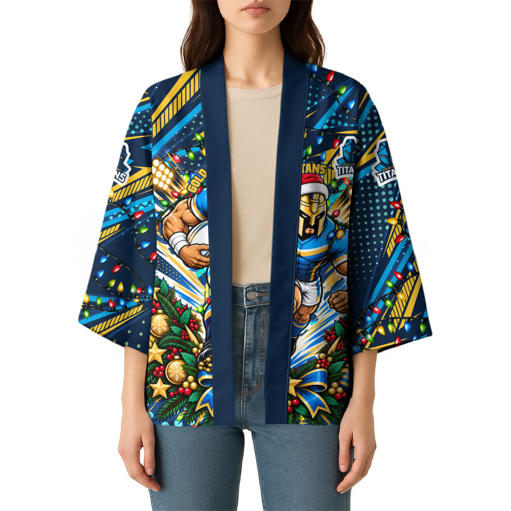 Personalized Gold Coast Titans Rugby Christmas Kimono Holiday Mascot Graphic Art Festive Lights Bow