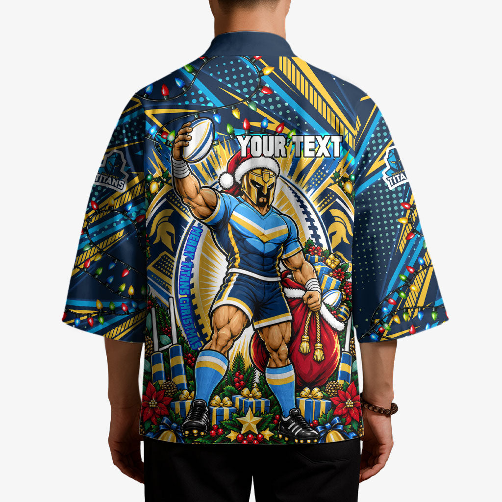 Personalized Gold Coast Titans Rugby Christmas Kimono Holiday Mascot Graphic Art Festive Lights Bow