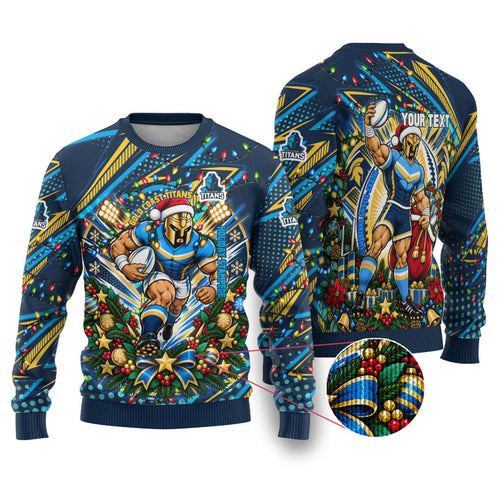 Personalized Gold Coast Titans Rugby Christmas Ugly Christmas Sweater Holiday Mascot Graphic Art Festive Lights Bow