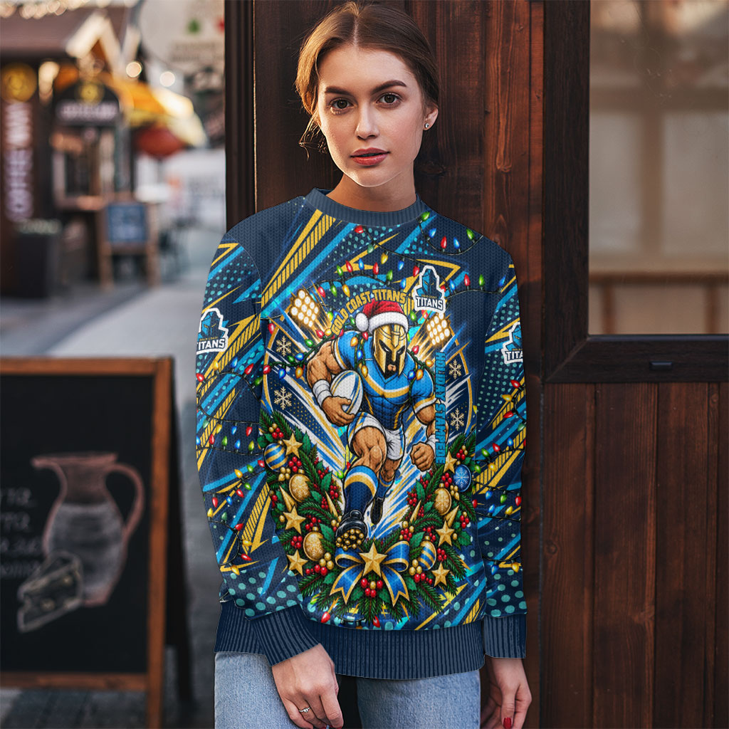 Personalized Gold Coast Titans Rugby Christmas Ugly Christmas Sweater Holiday Mascot Graphic Art Festive Lights Bow