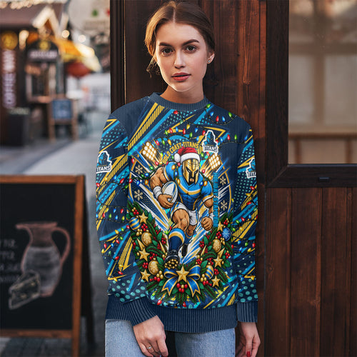 Personalized Gold Coast Titans Rugby Christmas Ugly Christmas Sweater Holiday Mascot Graphic Art Festive Lights Bow