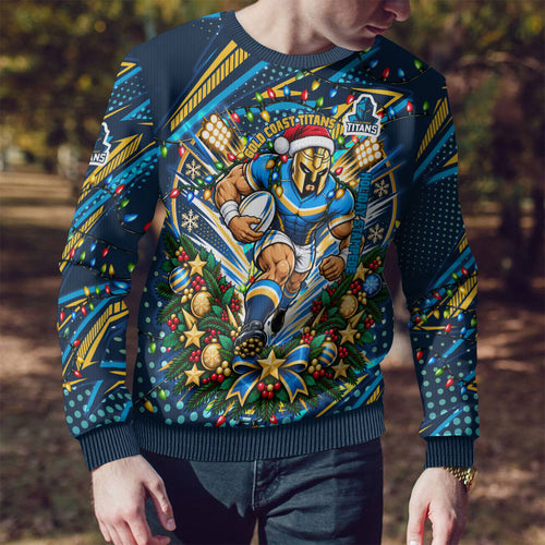 Personalized Gold Coast Titans Rugby Christmas Ugly Christmas Sweater Holiday Mascot Graphic Art Festive Lights Bow