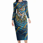 Personalized Gold Coast Titans Rugby Christmas Long Sleeve Bodycon Dress Holiday Mascot Graphic Art Festive Lights Bow