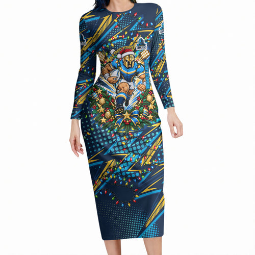 Personalized Gold Coast Titans Rugby Christmas Long Sleeve Bodycon Dress Holiday Mascot Graphic Art Festive Lights Bow
