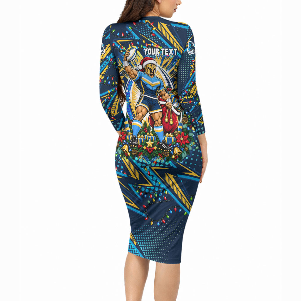 Personalized Gold Coast Titans Rugby Christmas Long Sleeve Bodycon Dress Holiday Mascot Graphic Art Festive Lights Bow
