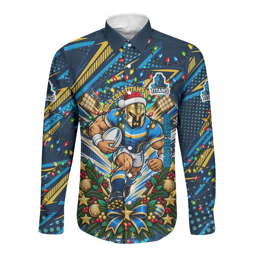 Personalized Gold Coast Titans Rugby Christmas Long Sleeve Button Shirt Holiday Mascot Graphic Art Festive Lights Bow