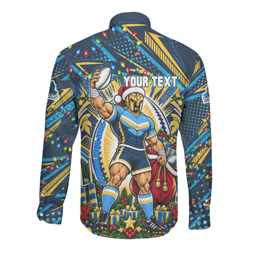 Personalized Gold Coast Titans Rugby Christmas Long Sleeve Button Shirt Holiday Mascot Graphic Art Festive Lights Bow