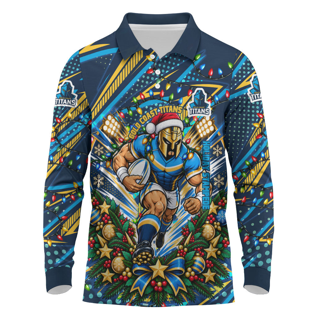 Personalized Gold Coast Titans Rugby Christmas Long Sleeve Polo Shirt Holiday Mascot Graphic Art Festive Lights Bow