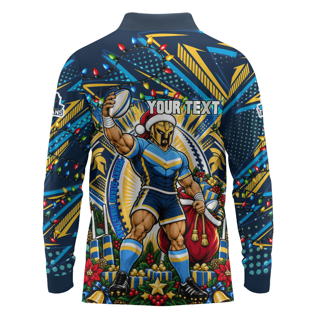 Personalized Gold Coast Titans Rugby Christmas Long Sleeve Polo Shirt Holiday Mascot Graphic Art Festive Lights Bow