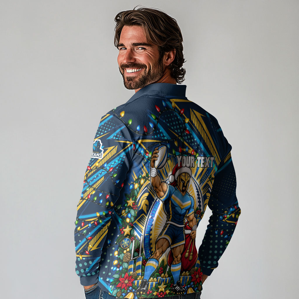 Personalized Gold Coast Titans Rugby Christmas Long Sleeve Polo Shirt Holiday Mascot Graphic Art Festive Lights Bow