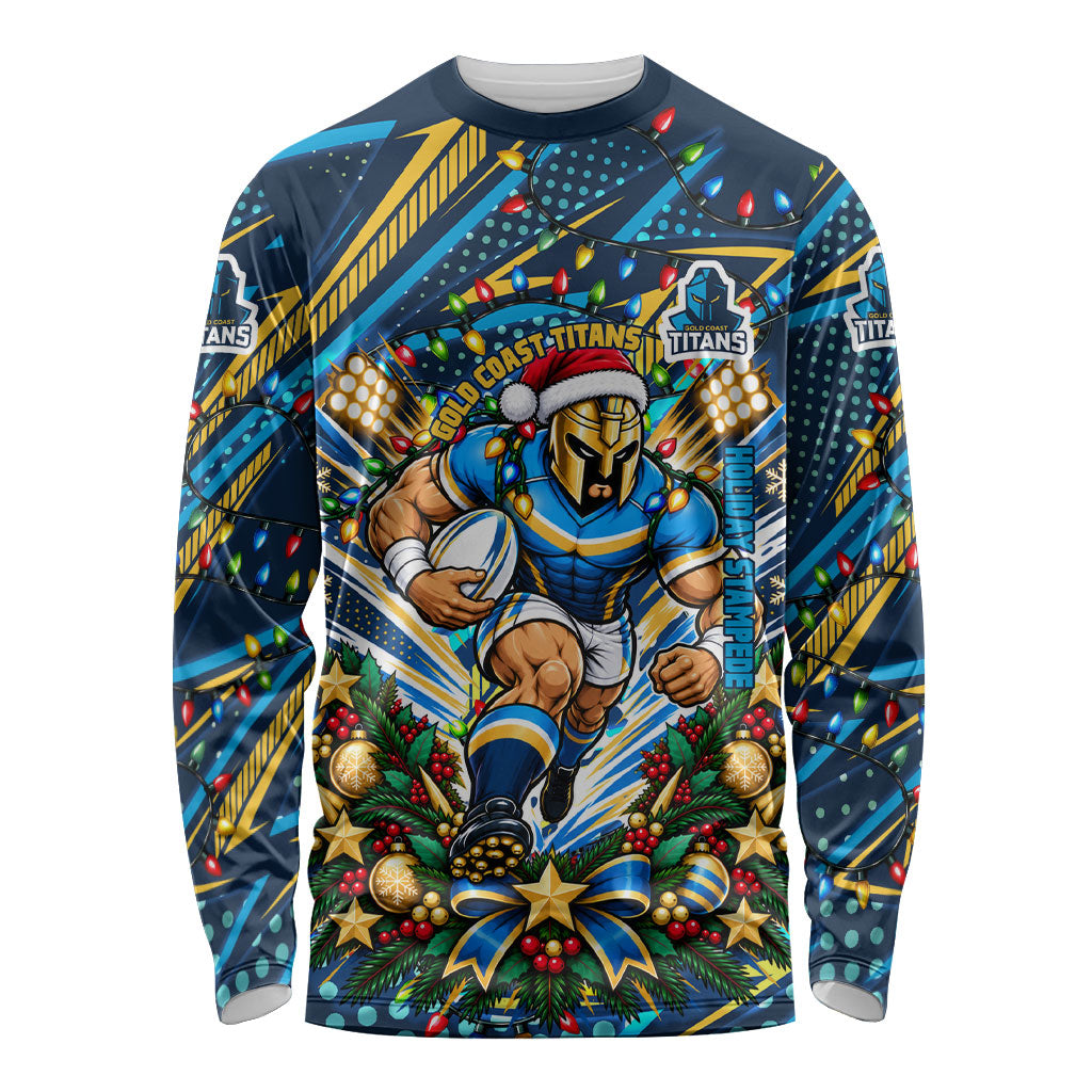 Personalized Gold Coast Titans Rugby Christmas Long Sleeve Shirt Holiday Mascot Graphic Art Festive Lights Bow