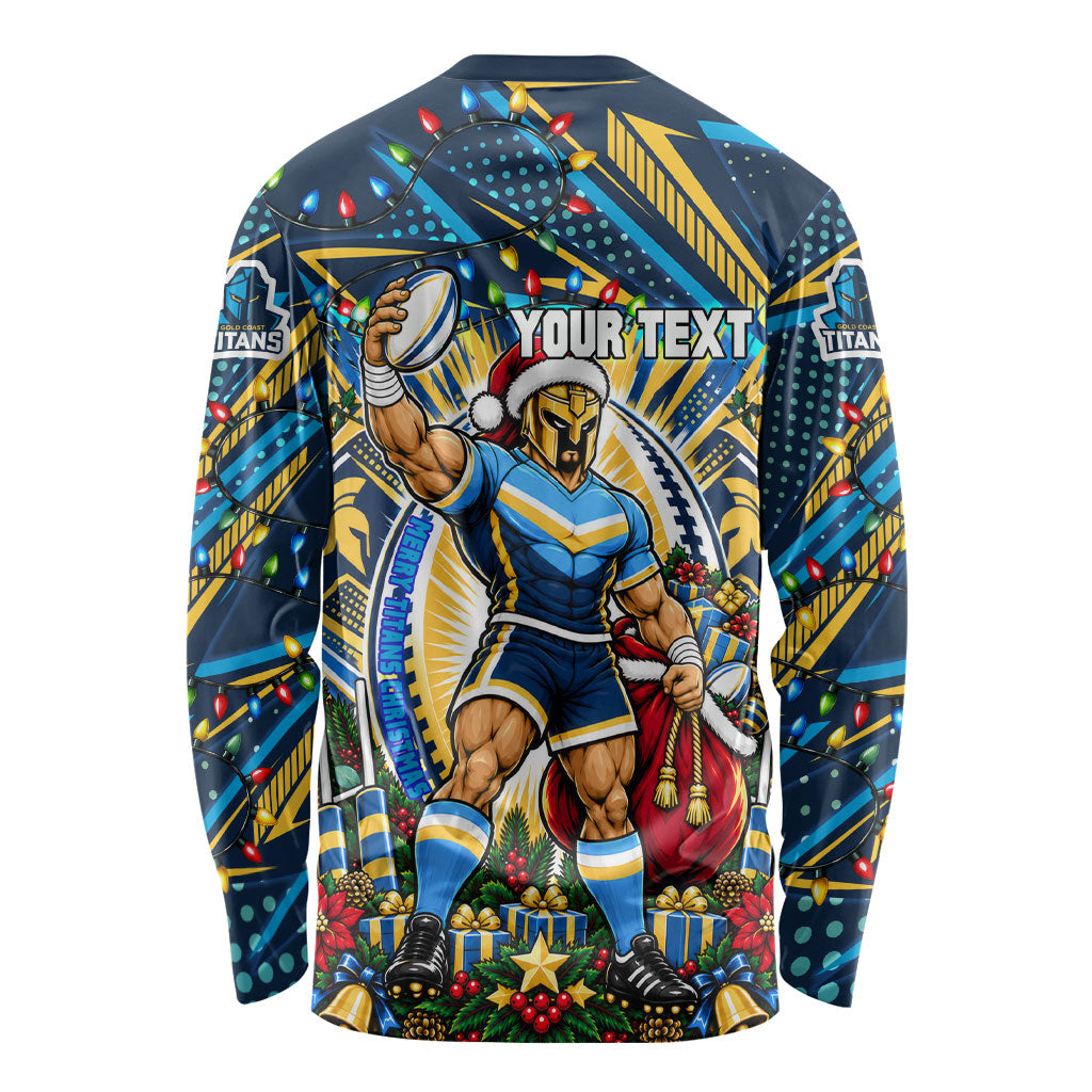 Personalized Gold Coast Titans Rugby Christmas Long Sleeve Shirt Holiday Mascot Graphic Art Festive Lights Bow