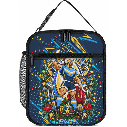 Personalized Gold Coast Titans Rugby Christmas Lunch Bag Holiday Mascot Graphic Art Festive Lights Bow