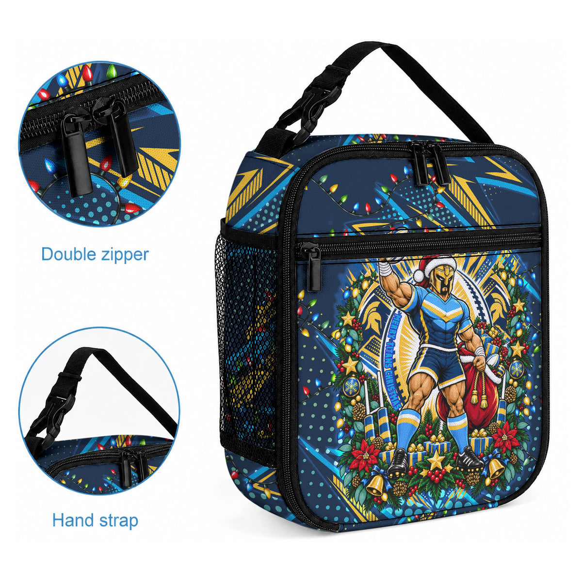 Personalized Gold Coast Titans Rugby Christmas Lunch Bag Holiday Mascot Graphic Art Festive Lights Bow