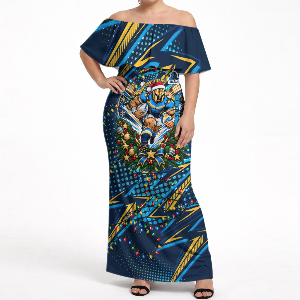 Personalized Gold Coast Titans Rugby Christmas Off Shoulder Maxi Dress Holiday Mascot Graphic Art Festive Lights Bow