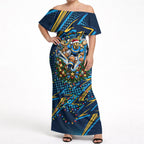 Personalized Gold Coast Titans Rugby Christmas Off Shoulder Maxi Dress Holiday Mascot Graphic Art Festive Lights Bow