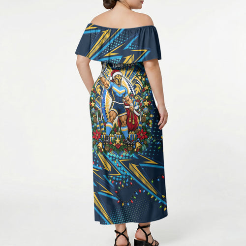 Personalized Gold Coast Titans Rugby Christmas Off Shoulder Maxi Dress Holiday Mascot Graphic Art Festive Lights Bow