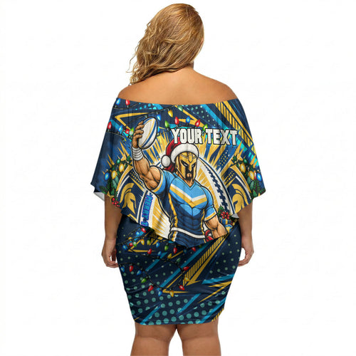 Personalized Gold Coast Titans Rugby Christmas Off Shoulder Short Dress Holiday Mascot Graphic Art Festive Lights Bow