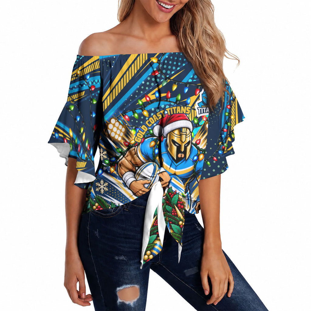 Personalized Gold Coast Titans Rugby Christmas Off Shoulder Wrap Waist Top Holiday Mascot Graphic Art Festive Lights Bow
