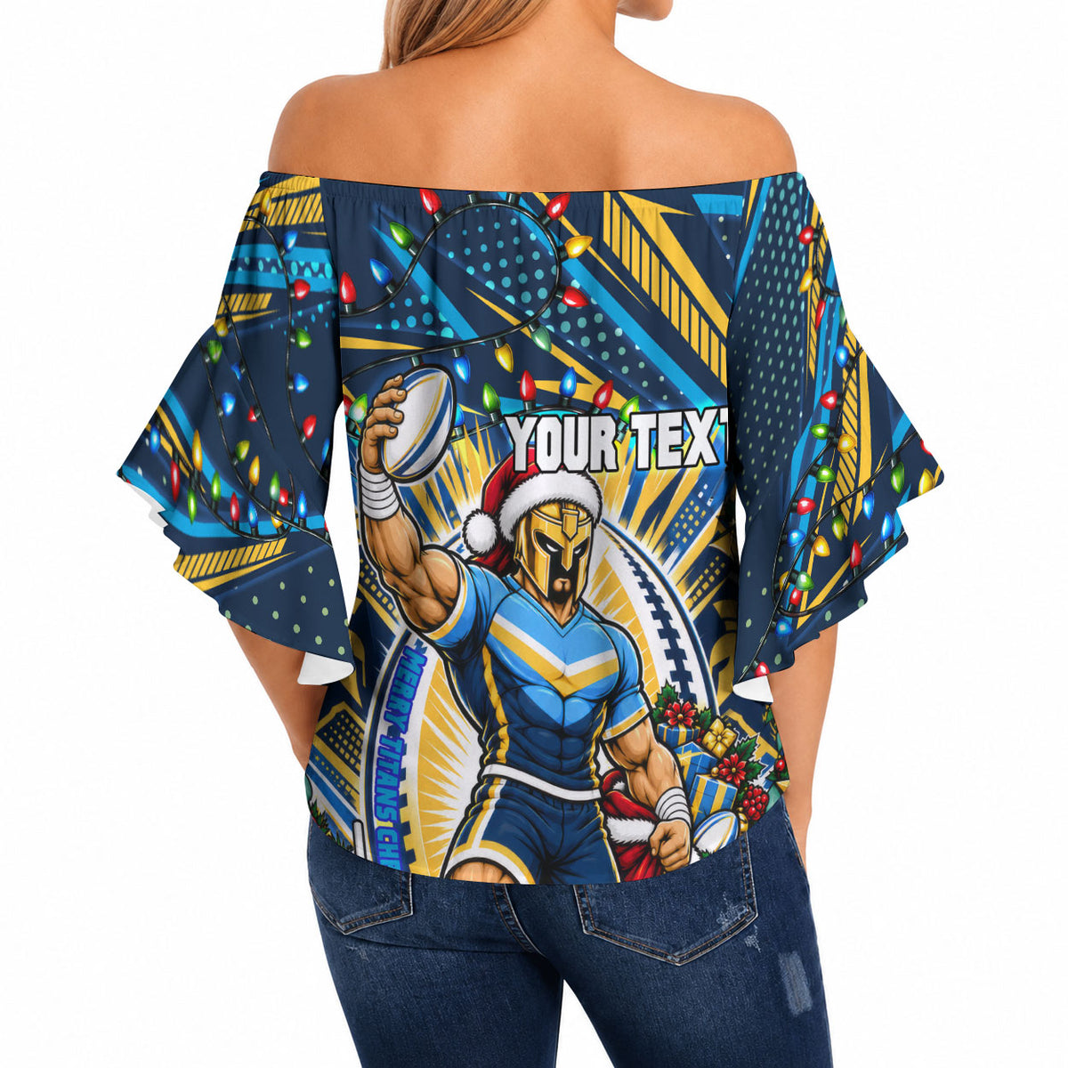 Personalized Gold Coast Titans Rugby Christmas Off Shoulder Wrap Waist Top Holiday Mascot Graphic Art Festive Lights Bow
