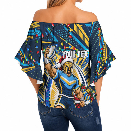 Personalized Gold Coast Titans Rugby Christmas Off Shoulder Wrap Waist Top Holiday Mascot Graphic Art Festive Lights Bow