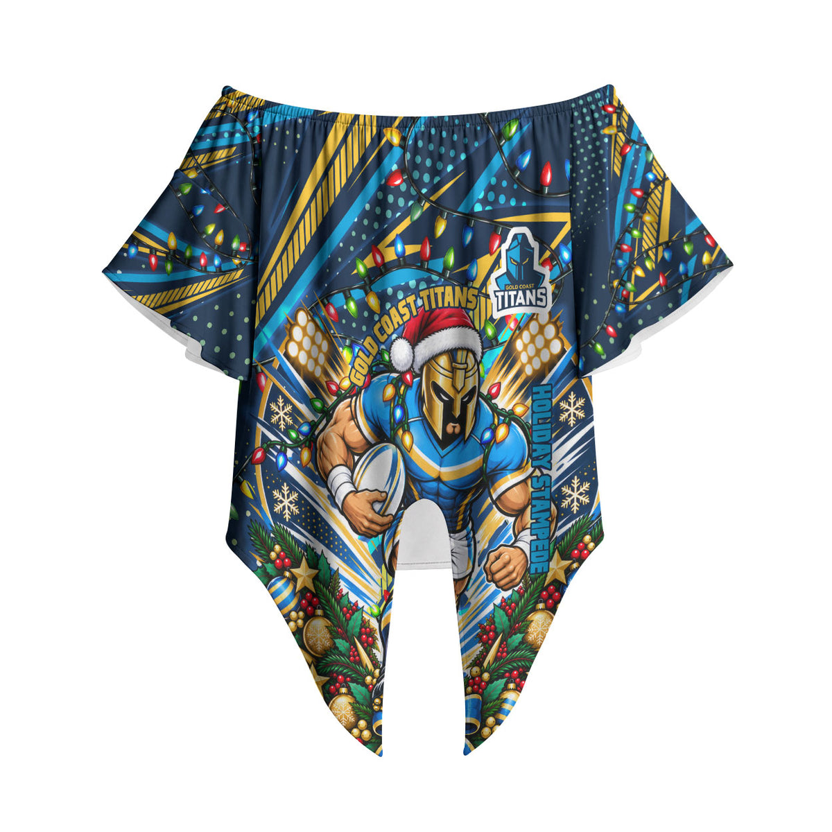 Personalized Gold Coast Titans Rugby Christmas Off Shoulder Wrap Waist Top Holiday Mascot Graphic Art Festive Lights Bow