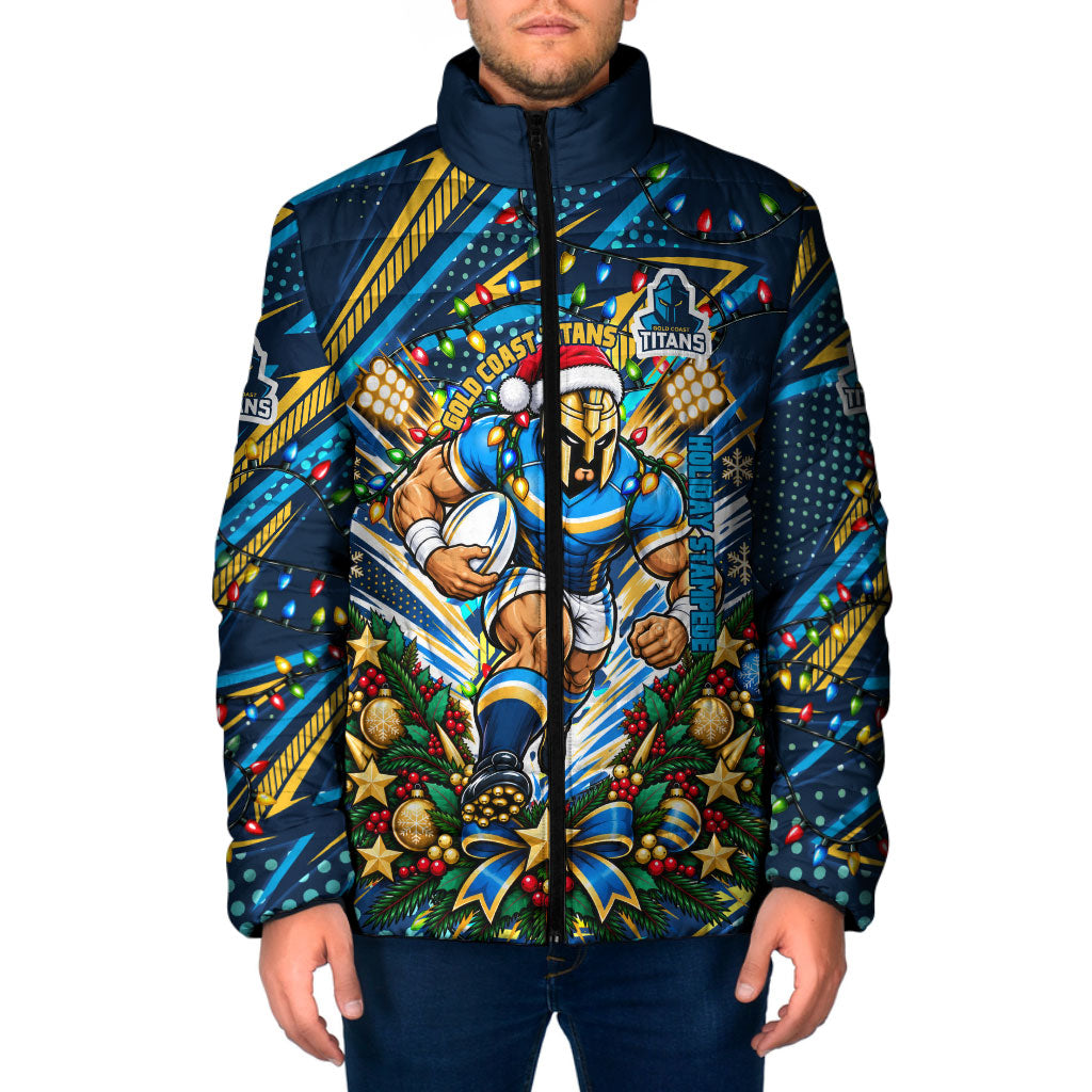 Personalized Gold Coast Titans Rugby Christmas Padded Jacket Holiday Mascot Graphic Art Festive Lights Bow