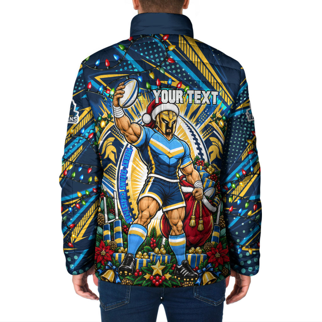 Personalized Gold Coast Titans Rugby Christmas Padded Jacket Holiday Mascot Graphic Art Festive Lights Bow