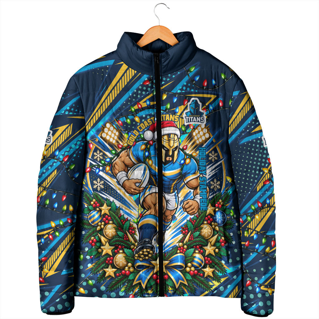 Personalized Gold Coast Titans Rugby Christmas Padded Jacket Holiday Mascot Graphic Art Festive Lights Bow