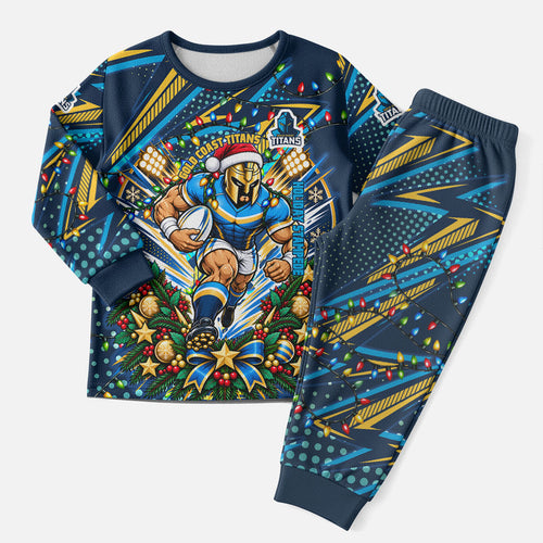 Personalized Gold Coast Titans Rugby Christmas Pajama Set Holiday Mascot Graphic Art Festive Lights Bow