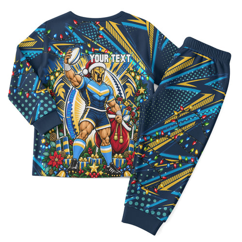 Personalized Gold Coast Titans Rugby Christmas Pajama Set Holiday Mascot Graphic Art Festive Lights Bow