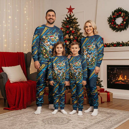 Personalized Gold Coast Titans Rugby Christmas Pajama Set Holiday Mascot Graphic Art Festive Lights Bow