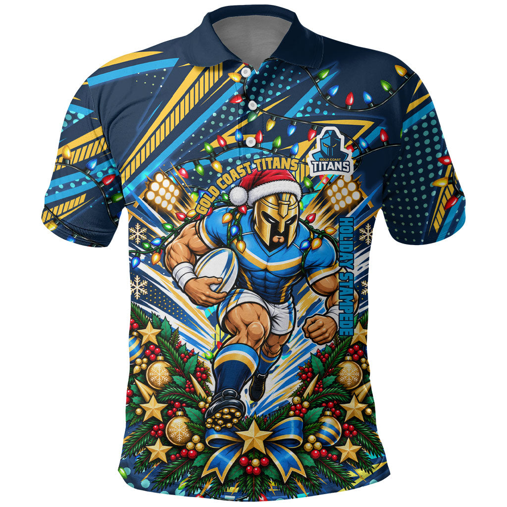 Personalized Gold Coast Titans Rugby Christmas Polo Shirt Holiday Mascot Graphic Art Festive Lights Bow