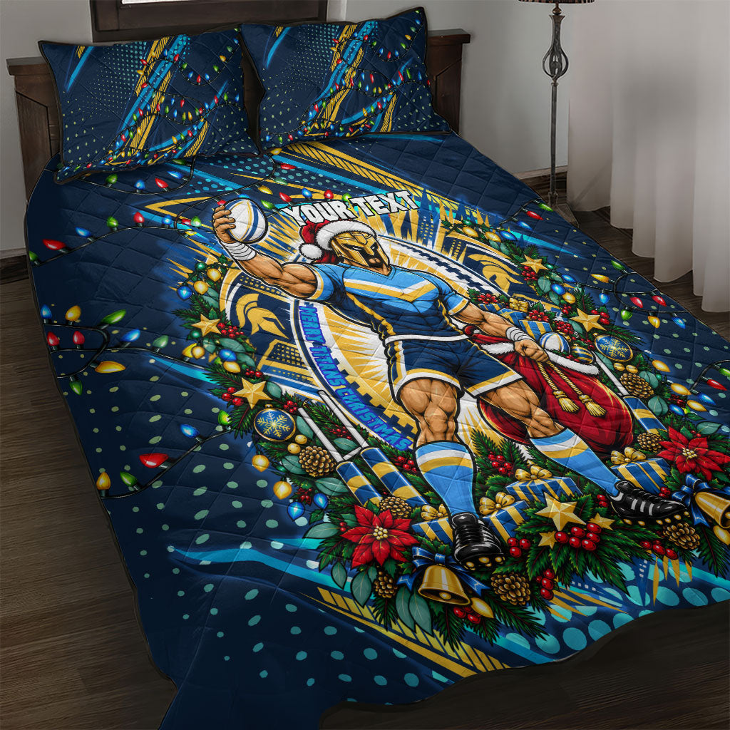 Personalized Gold Coast Titans Rugby Christmas Quilt Bed Set Holiday Mascot Graphic Art Festive Lights Bow