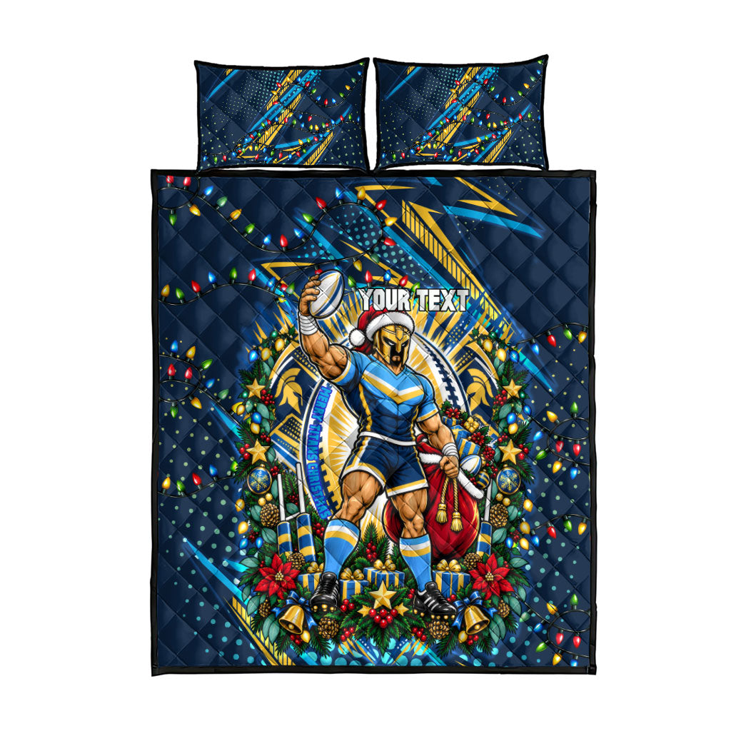 Personalized Gold Coast Titans Rugby Christmas Quilt Bed Set Holiday Mascot Graphic Art Festive Lights Bow
