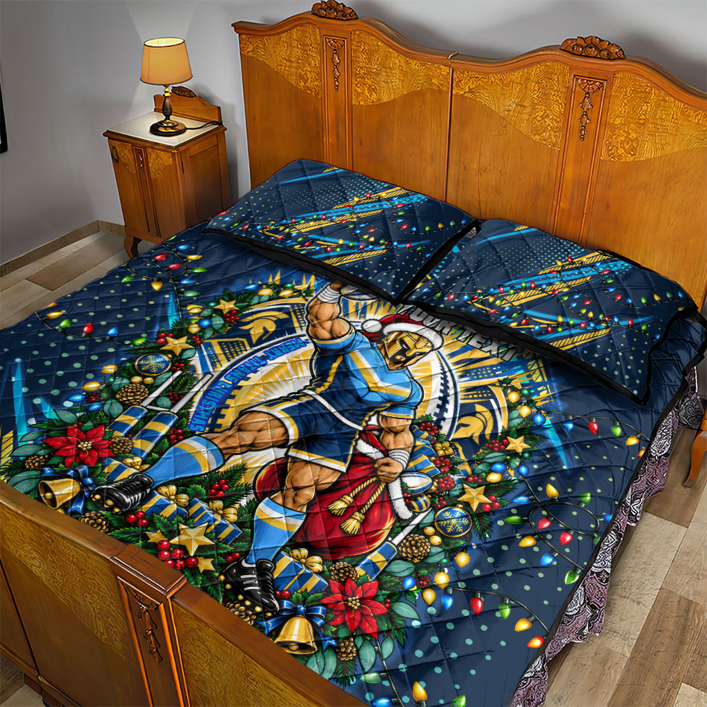 Personalized Gold Coast Titans Rugby Christmas Quilt Bed Set Holiday Mascot Graphic Art Festive Lights Bow